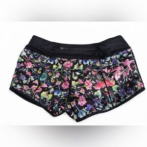 Lululemon Size 4 Floral Running Shorts Black Waistband Zip Pocket